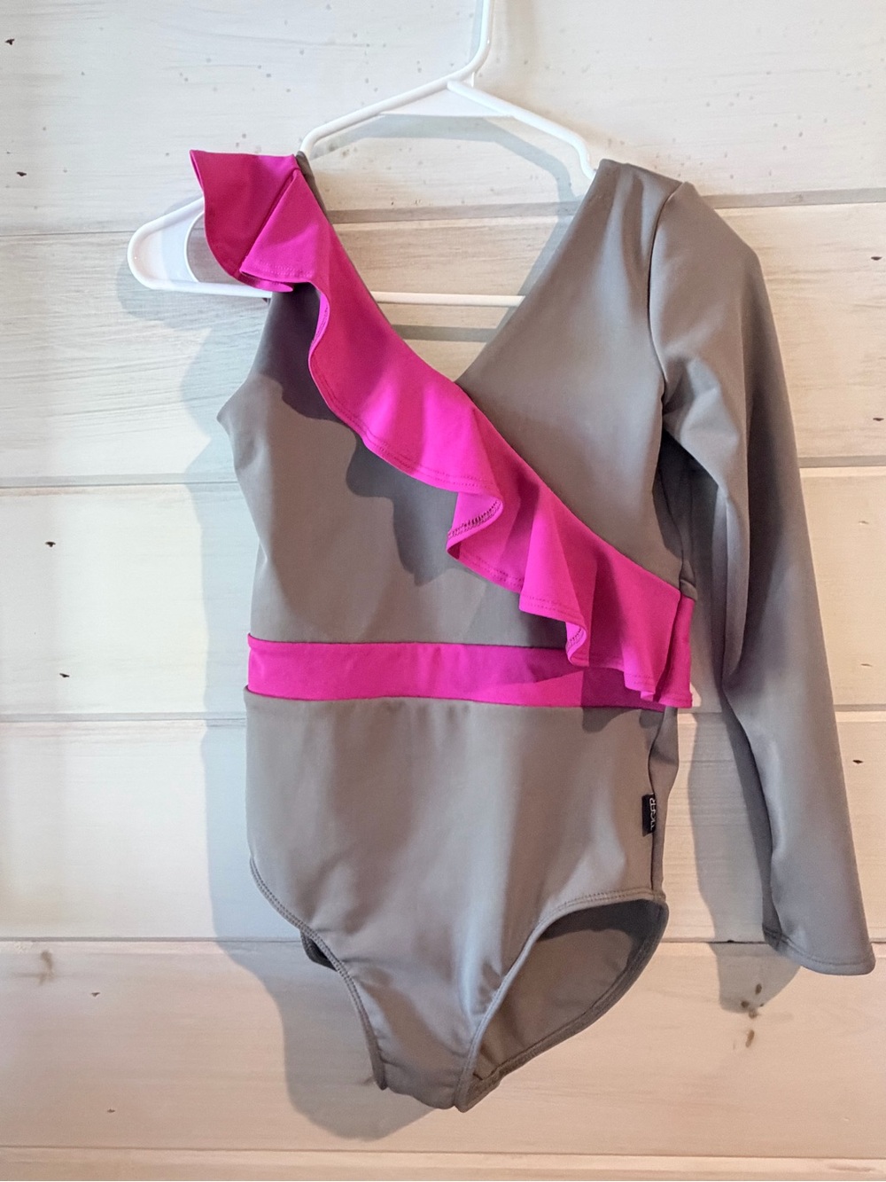 One-Shoulder Ruffle Swimsuit - Gray with Hot Pink Trim